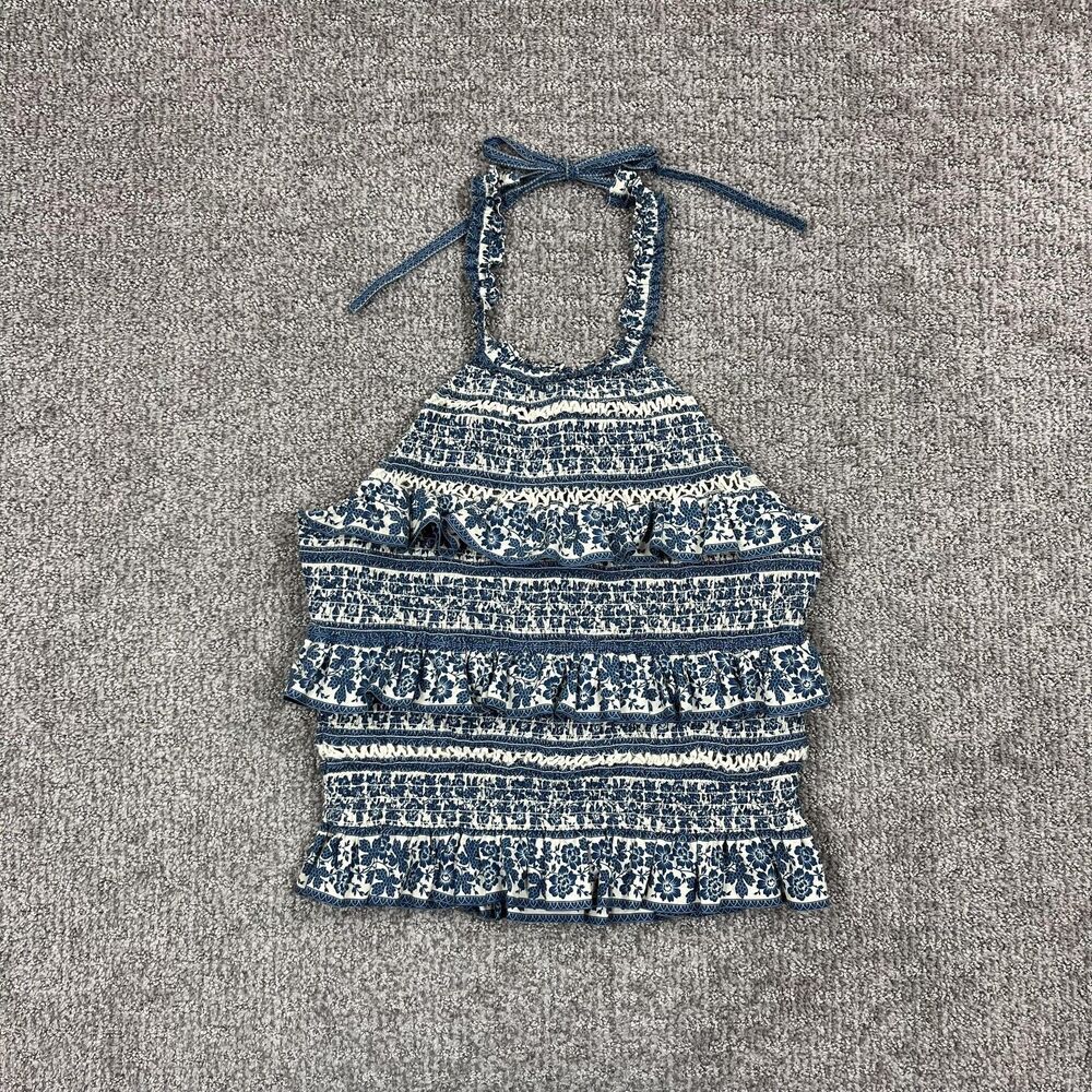 Sea New York Arlo Halter Top Womens Medium Blue Floral Ruffle Boho Cottagecore